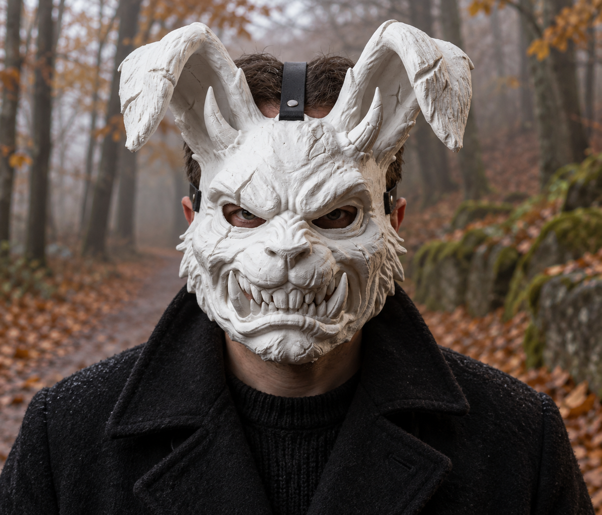 Person wearing the white Brutal Rabbit Mask in an autumn woodland