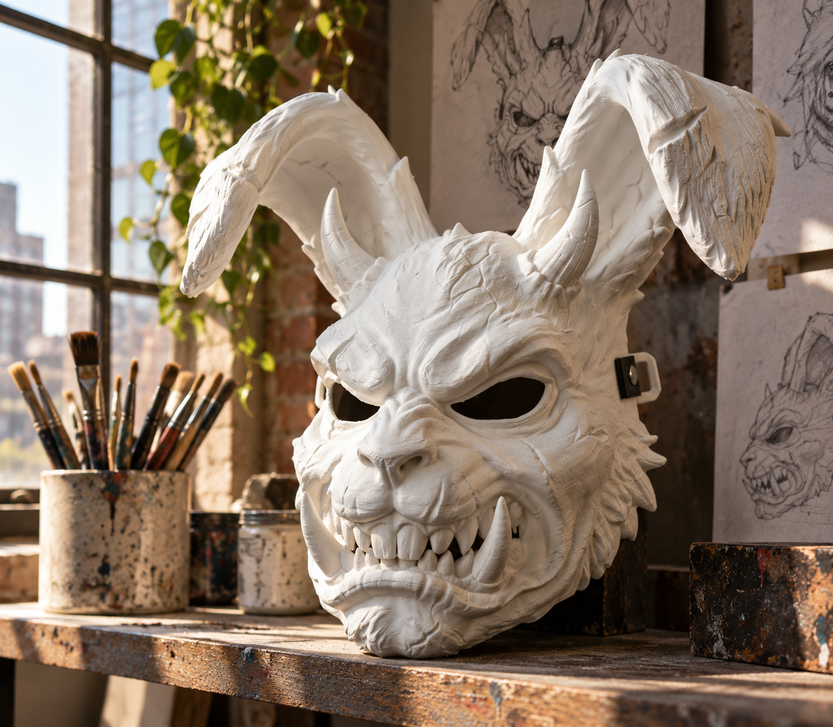 White Brutal Rabbit Mask displayed on a workshop table beside artwork and brushes