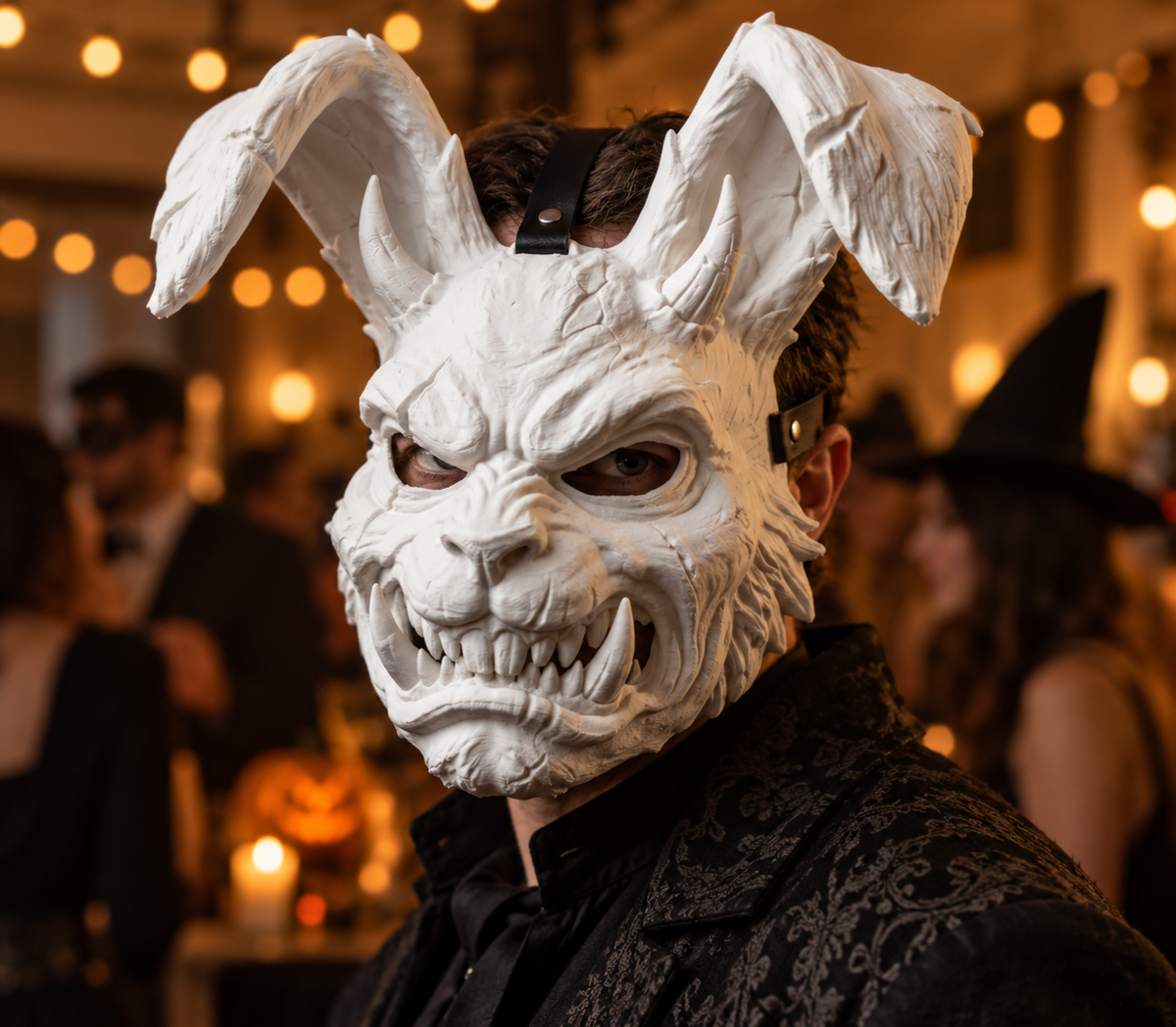 White Brutal Rabbit Mask held by hand over a creative workshop table