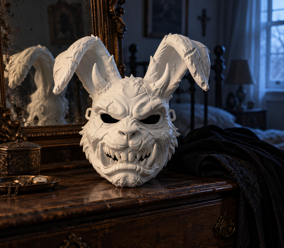 White Brutal Rabbit Mask displayed on an antique cabinet in a dark bedroom