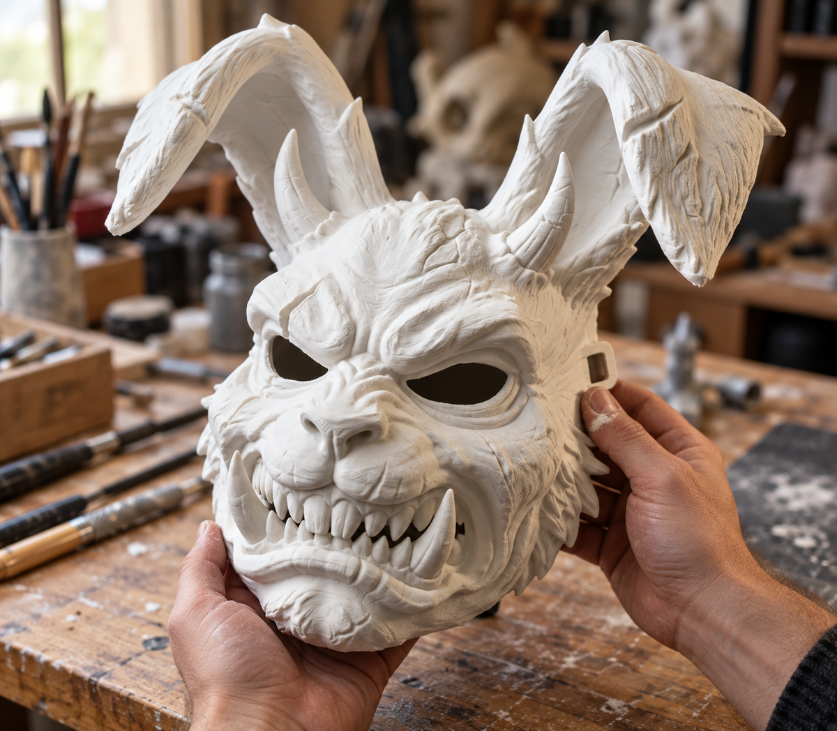 Person wearing the white Brutal Rabbit Mask at a candlelit Halloween party