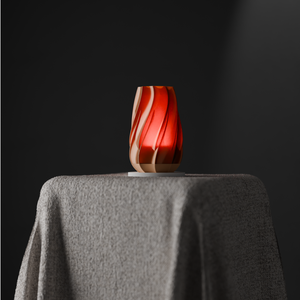Twisted Glow Table Lamp red translucent organic diagonal twist-fin body glowing warm red light from within white base draped linen plinth dark studio portrait hero shot