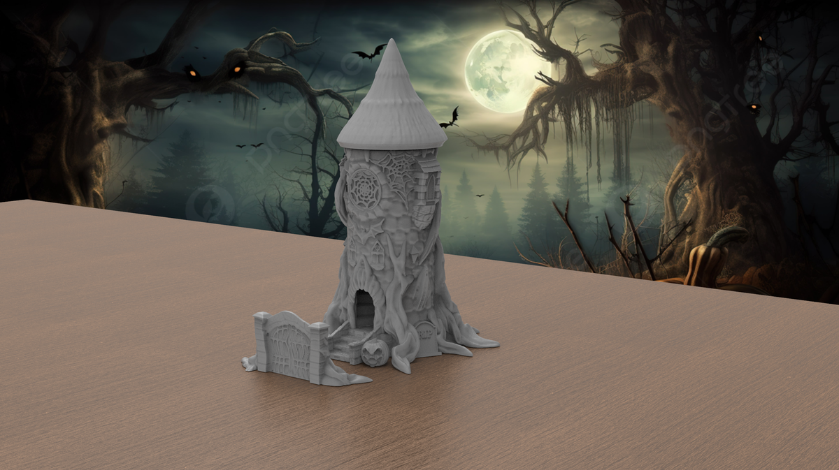 Halloween dice tower on a clean background showing the pointed roof, ornate window, root base and matching gate
