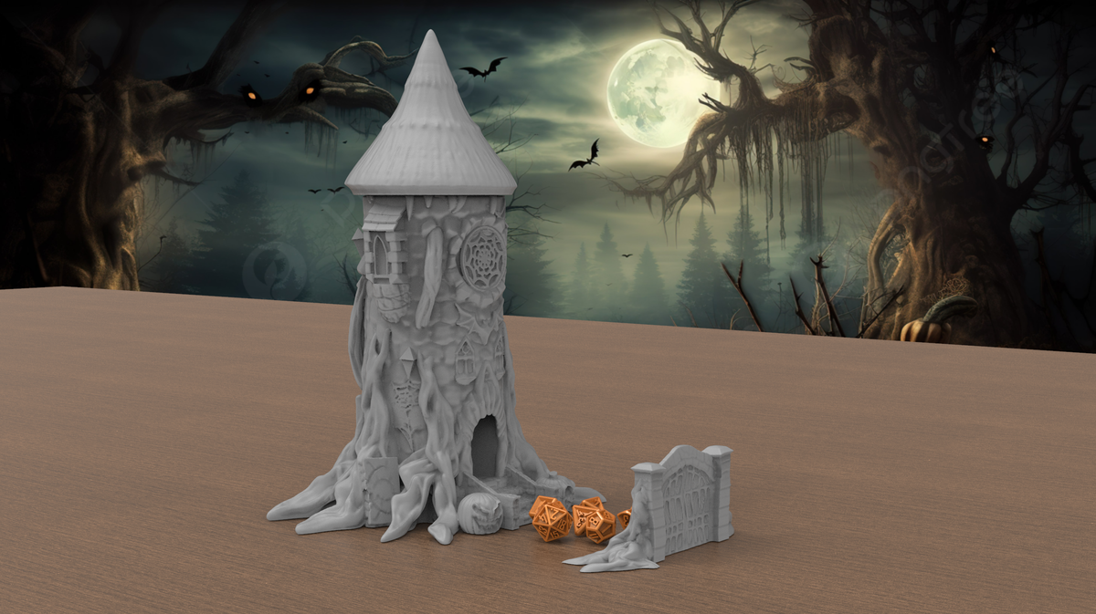 Halloween dice tower displayed in a moonlit spooky scene