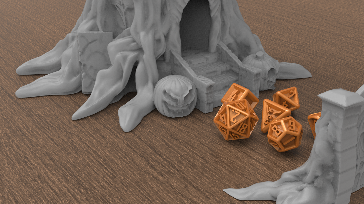 Grey Halloween dice tower and matching gate with dice at the base