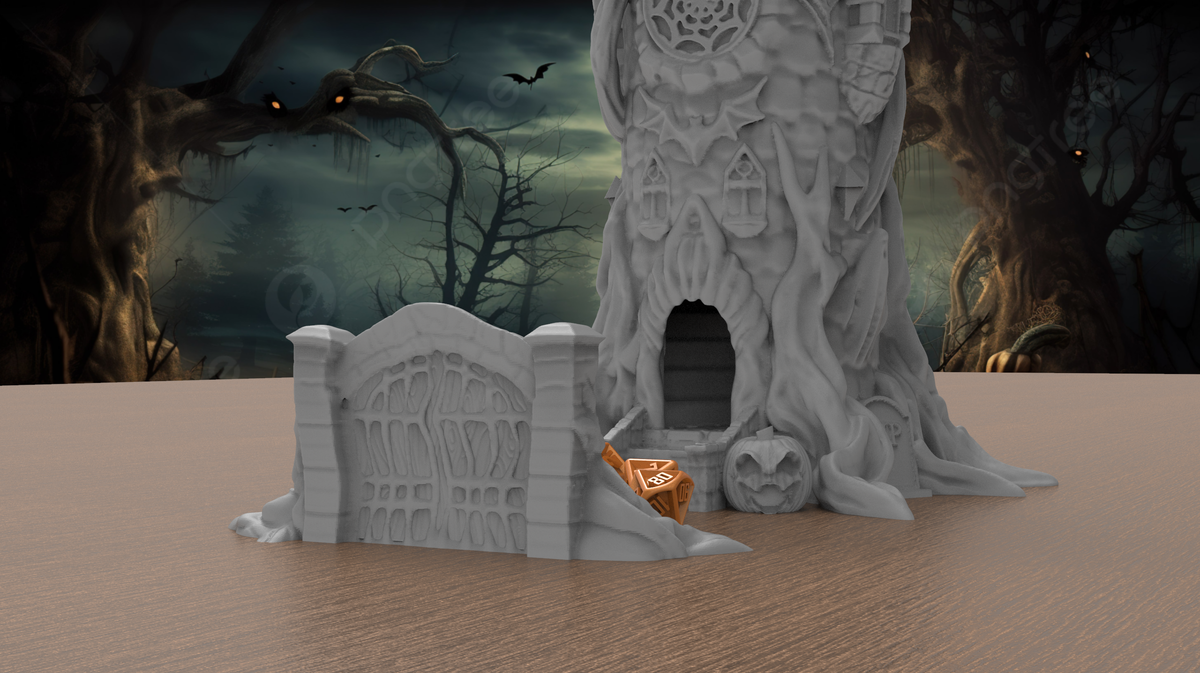 Side view of the Halloween dice tower and graveyard-style gate