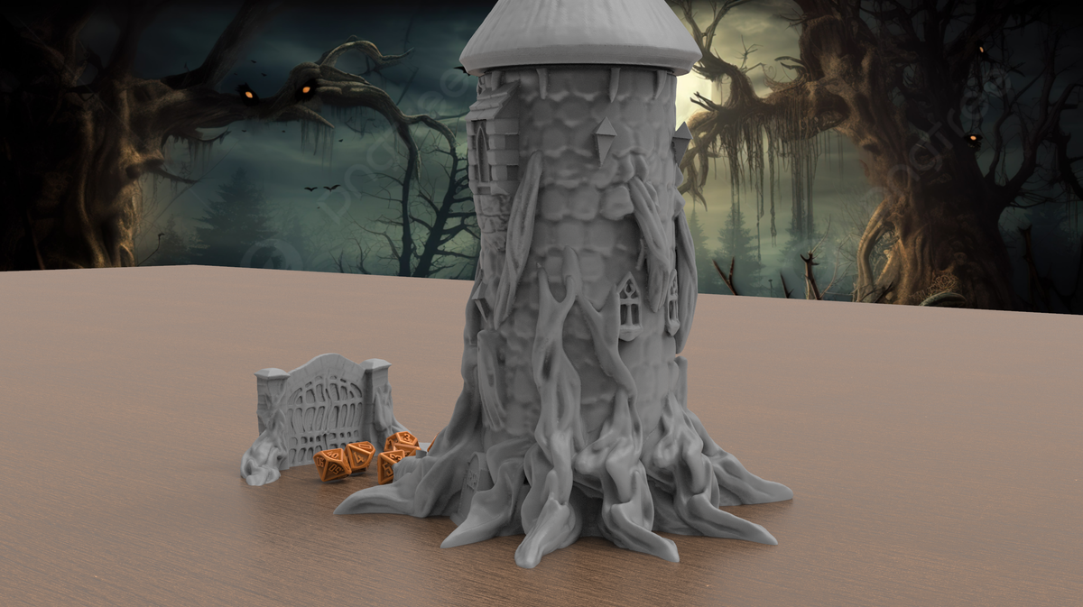 Alternate angle of the gothic Halloween dice tower with matching gate