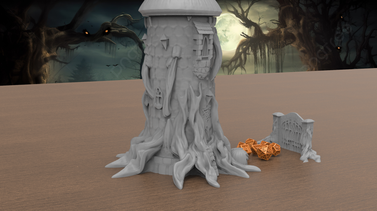 Close view of dice beside the root-covered base of the Halloween dice tower