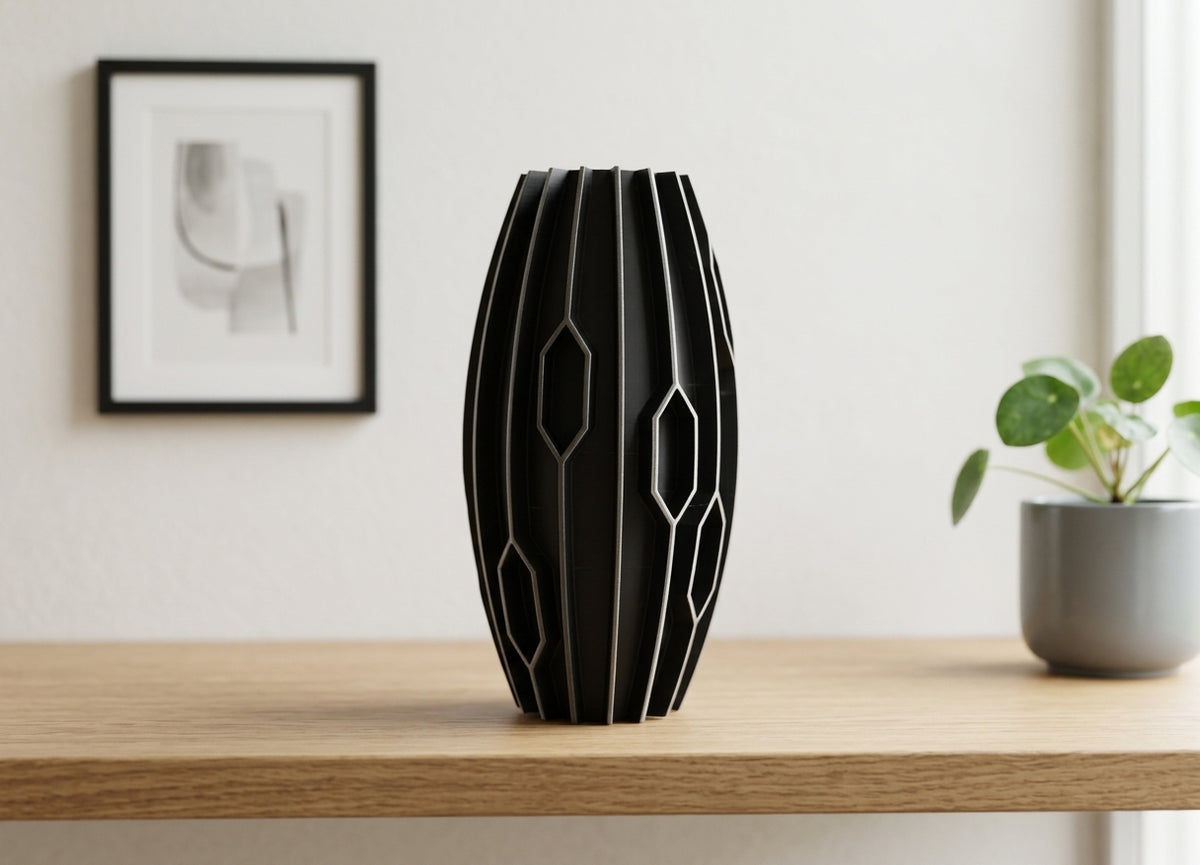 Black diamond rib vase render front view showing full staggered diamond rib pattern