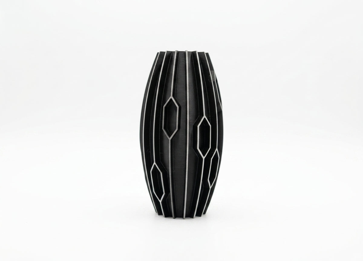 Black diamond rib vase render side angle view showing geometric rib depth