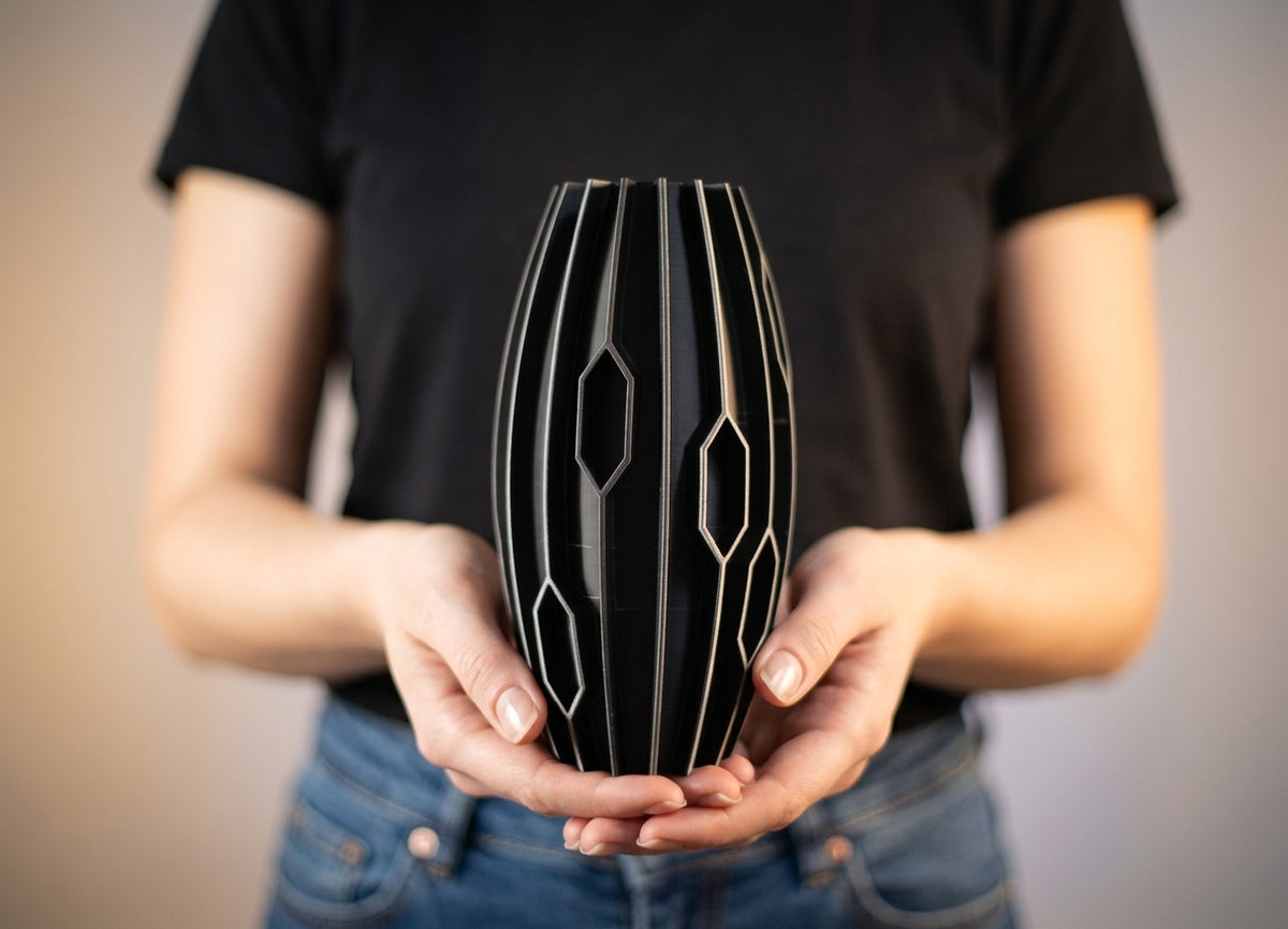 Black diamond rib vase render three quarter view showing staggered pattern wrap