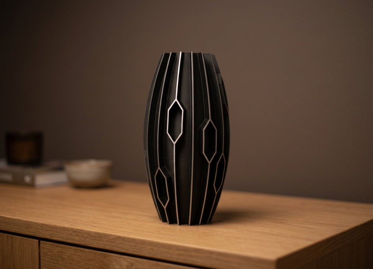 Black diamond rib vase render showing top opening and rib pattern from above angle