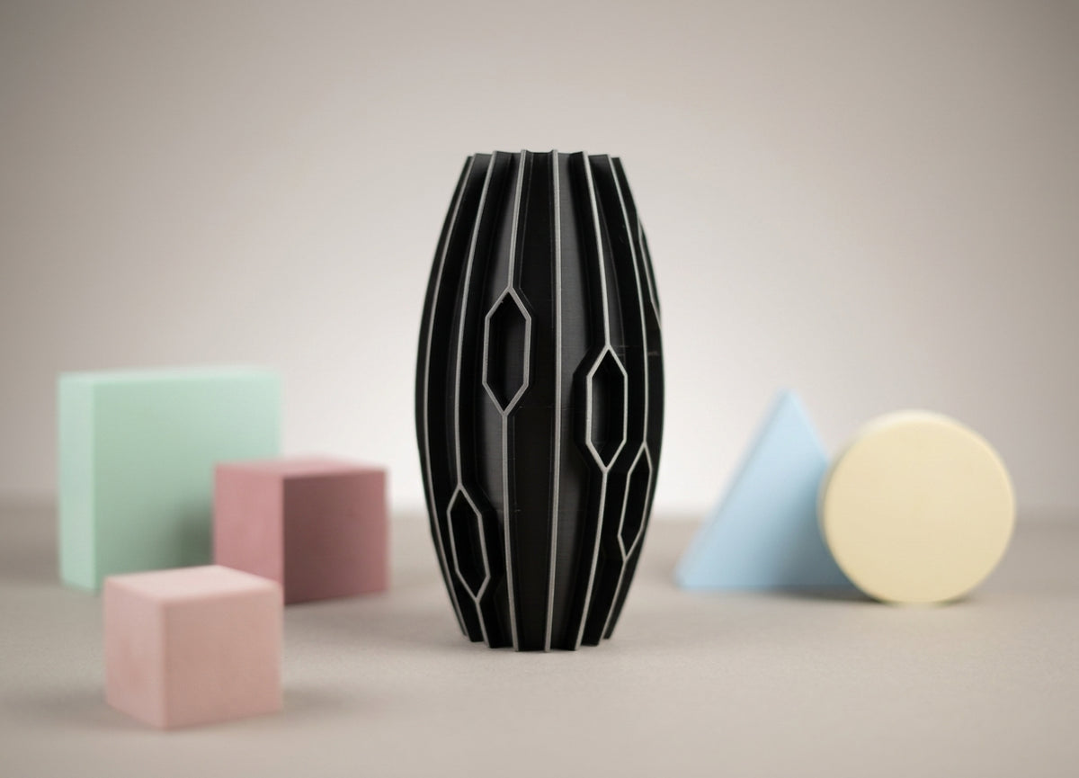Black diamond rib vase render showing full height staggered diamond rib detail