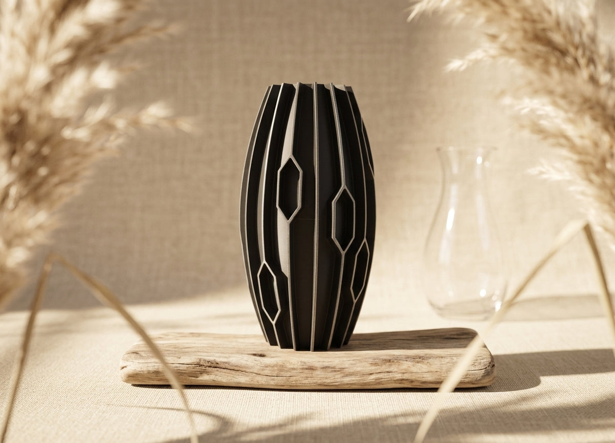 Black diamond rib vase render showing upper section diamond pattern and rim