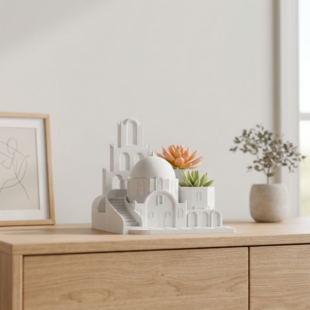 Santorini Oasis Succulent Planter white on wooden sideboard warm moody lifestyle amber bottles books
