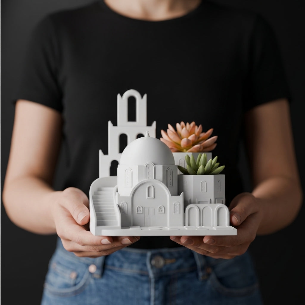 Santorini Oasis Succulent Planter white with pastel geometric shapes editorial lifestyle