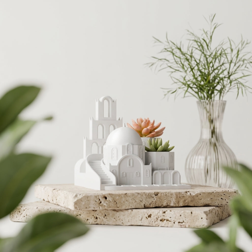 Santorini Oasis Succulent Planter white on travertine with tropical plants framing lifestyle