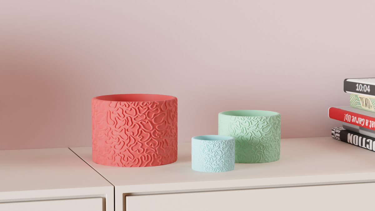 Coral Pattern Planter three sizes coral red light blue mint green white background clean product render