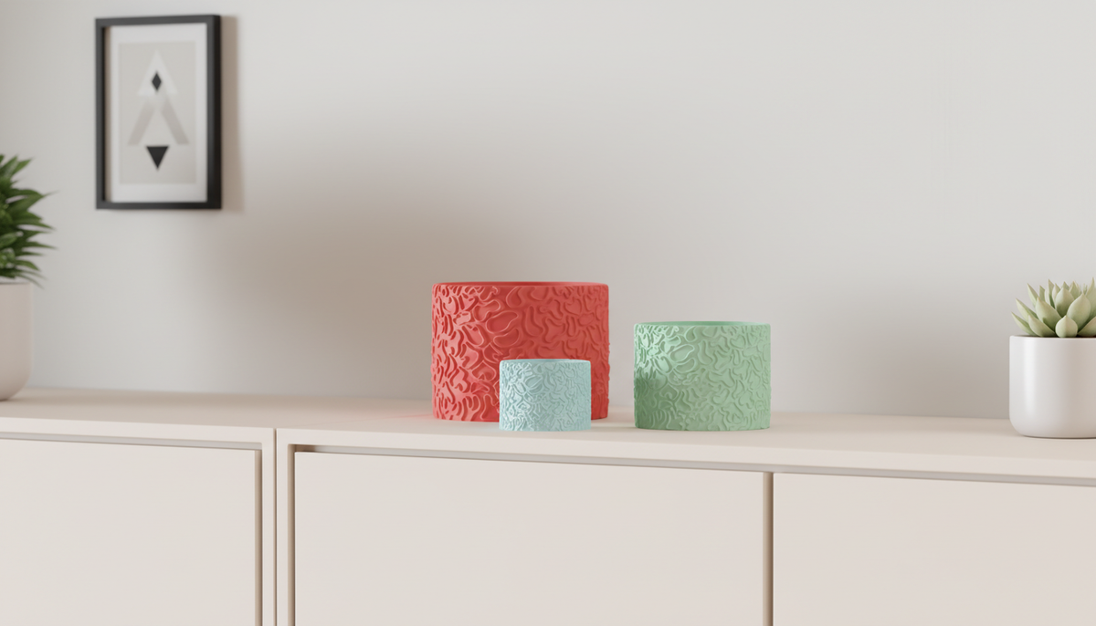 Coral Pattern Planter coral red held in two hands person wearing dark top pink wall home interior close up