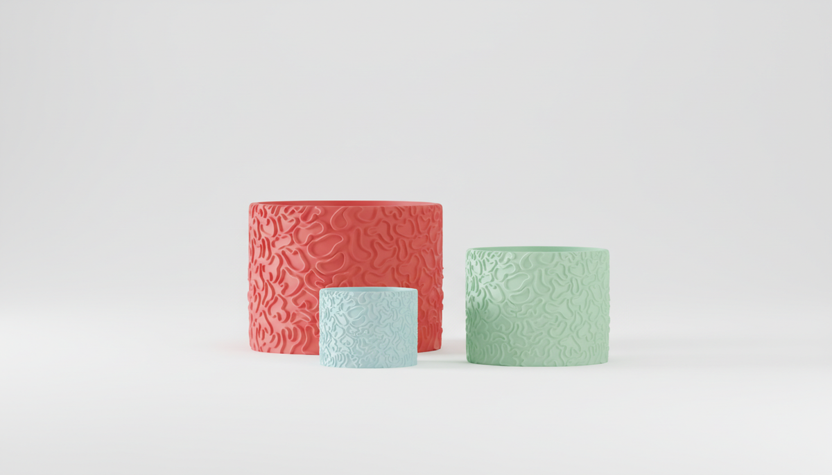 Coral Pattern Planter three sizes coral red light blue mint green on cream sideboard pink wall books stacked right side
