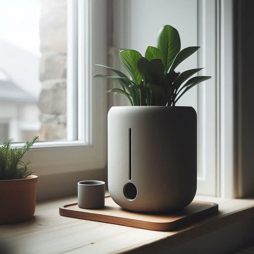 Futuristic Self-Watering Plant Pot — grey, lifestyle shot on a wooden windowsill with natural light and indoor plants