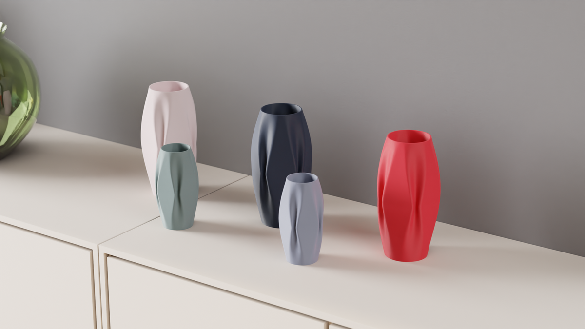 Quad ripple vase render front view showing four-sided organic faceted ripple form