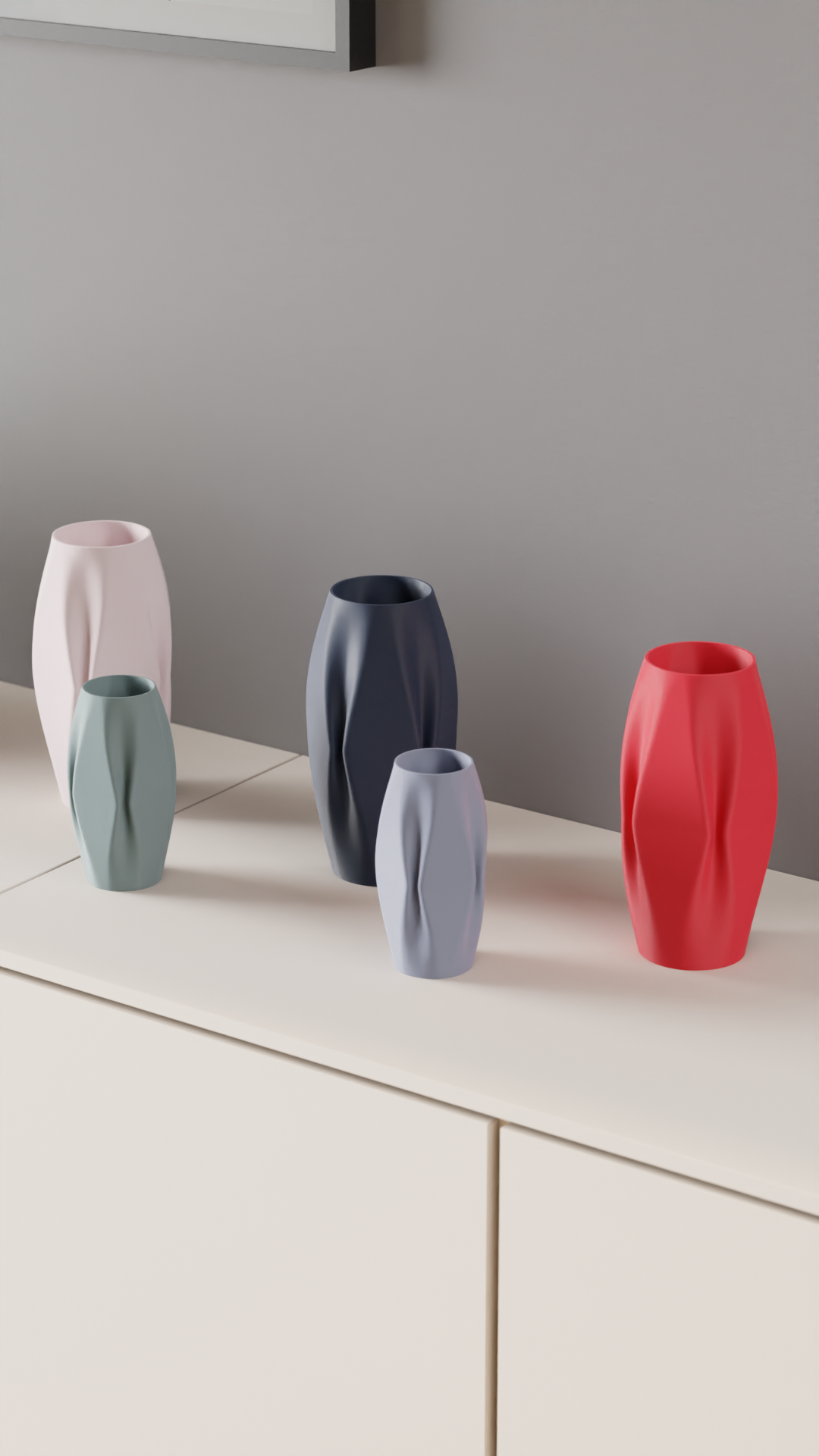 Quad ripple vase render three quarter view showing faceted ripple surface texture