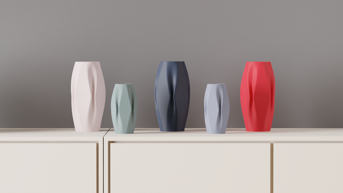 Quad ripple vase render side view showing tapering form and ripple facets