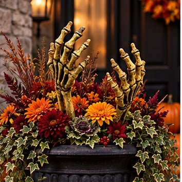 Gold-tone skeletal hands rising from a dark Halloween table display lit by candles