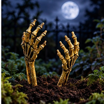 Gold-tone skeletal hands rising from an autumn planter filled with flowers and ivy