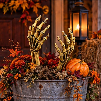 Close-up of detailed gold-tone skeletal hands rising through moss