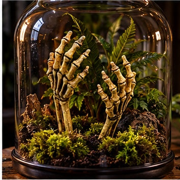 Gold-tone skeletal hands emerging from soil beneath a full moon