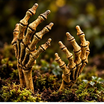 Gold-tone skeletal hands displayed on a dark Halloween mantel with candles and a raven