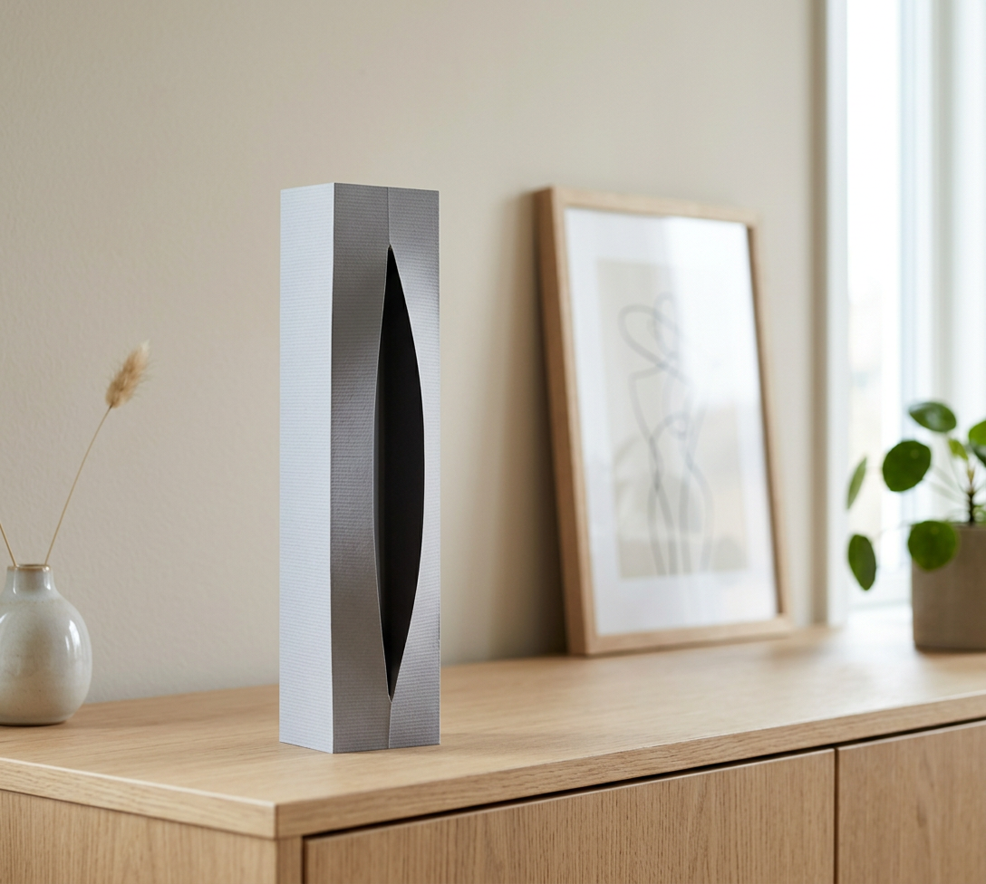 Sleek Modern Aperture Vase white front view product shot clean background showing vertical slot detail