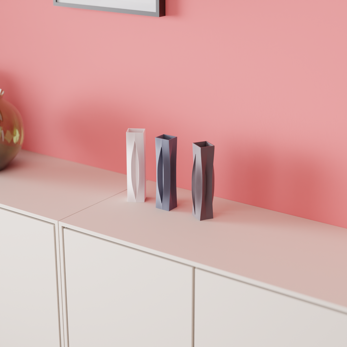 Sleek Modern Aperture Vase white grey brown trio close up on blush pink sideboard