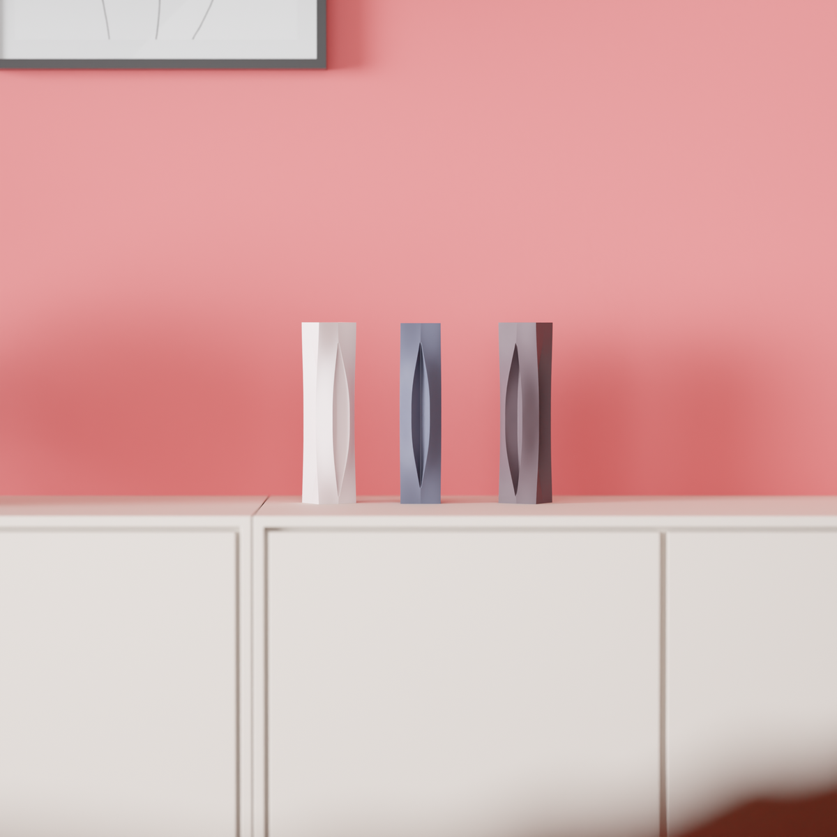 Sleek Modern Aperture Vase white grey brown tall trio front view pink background editorial