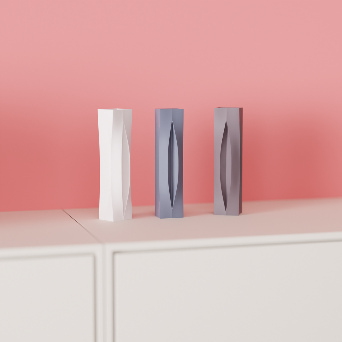 Sleek Modern Aperture Vase white grey brown tall trio three quarter view pink background