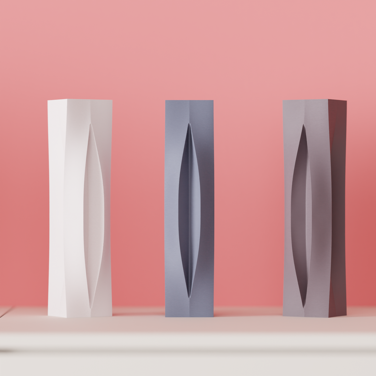 Sleek Modern Aperture Vase white grey brown tall trio macro detail pink background