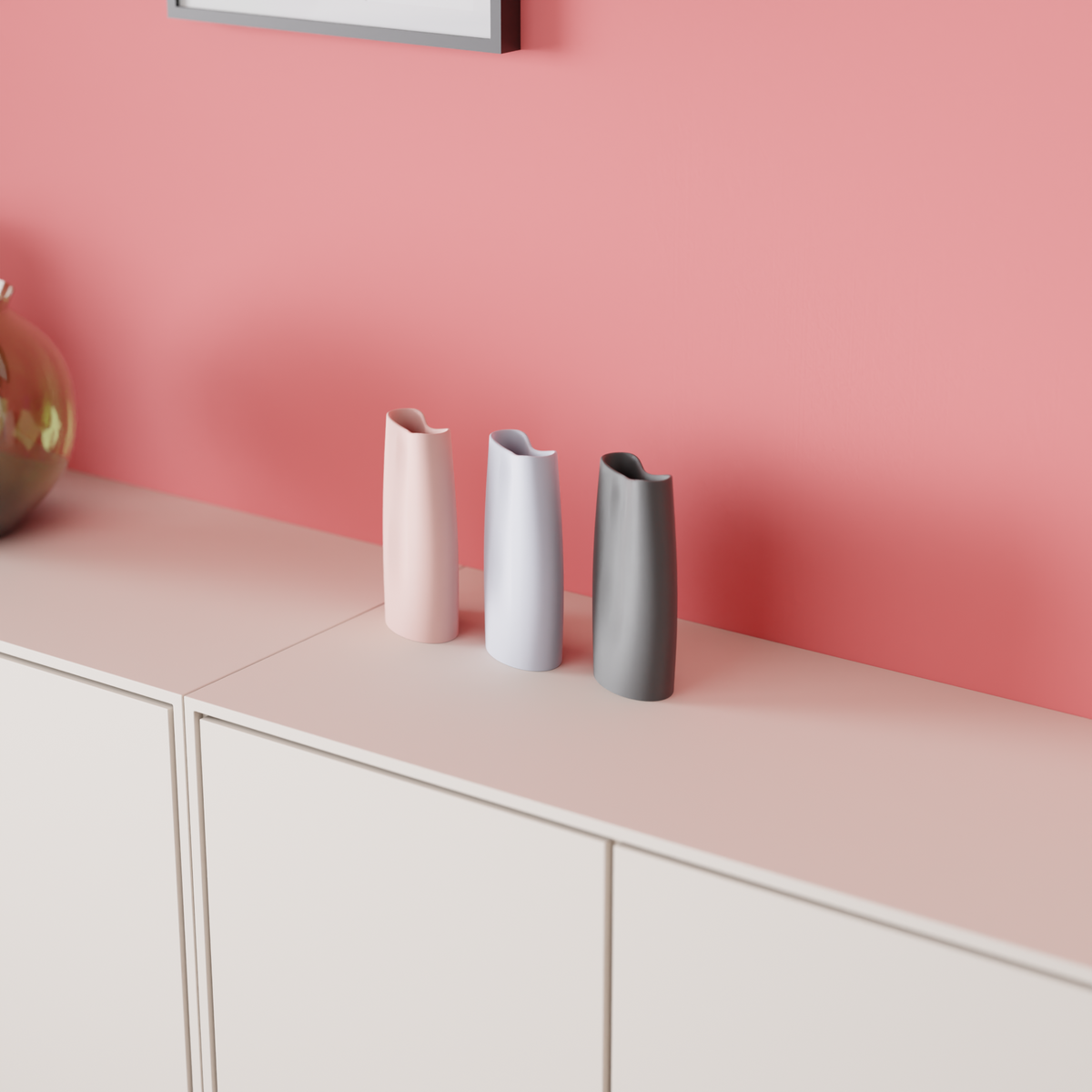 Modern Minimalist Vase pink render showing smooth twisted body and saddle dip opening side profile white background