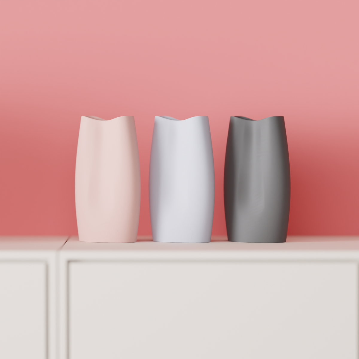 Modern Minimalist Vase pink render three quarter angle showing twisted form white background