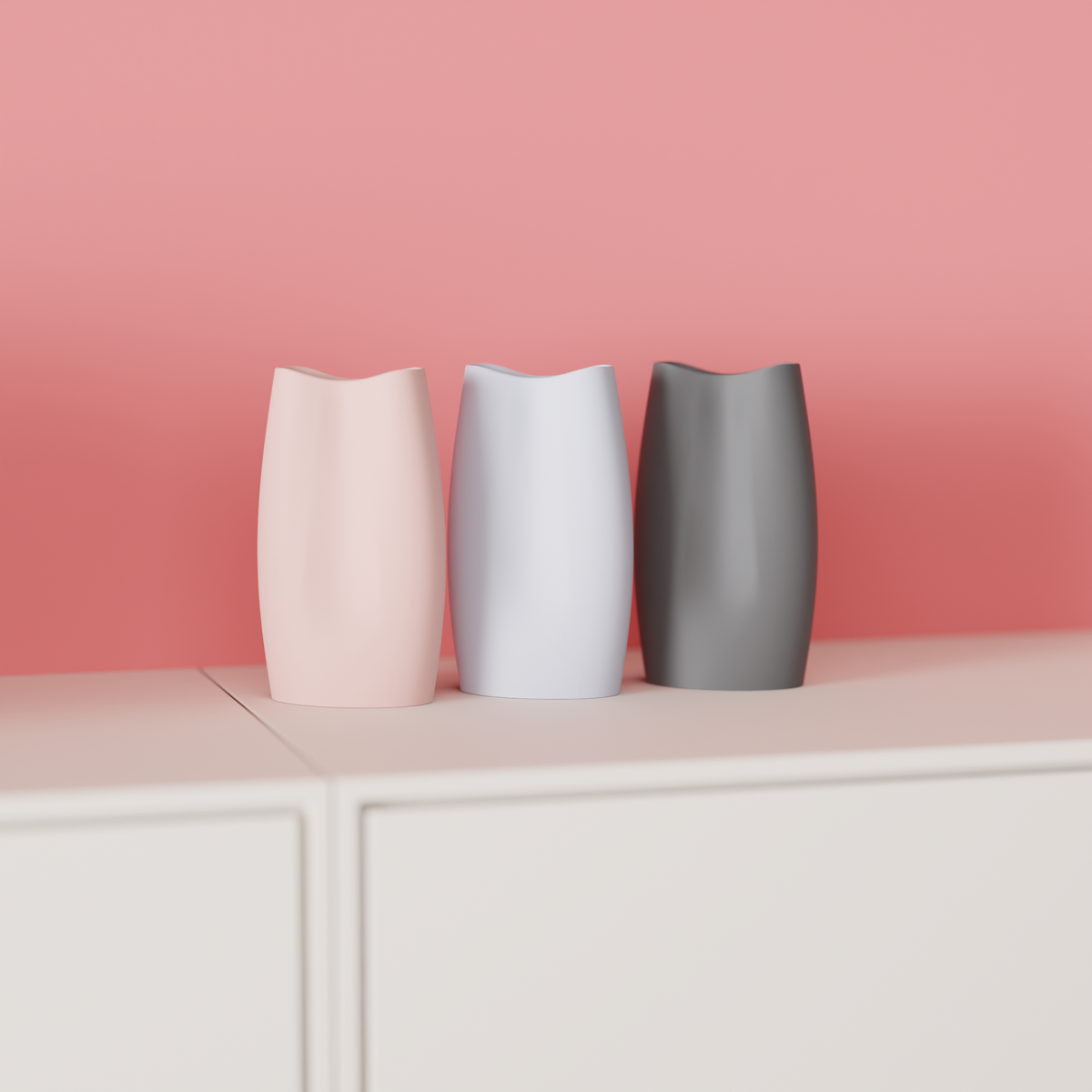 Modern Minimalist Vase pink render angled view showing saddle dip top and smooth twisted surface white background