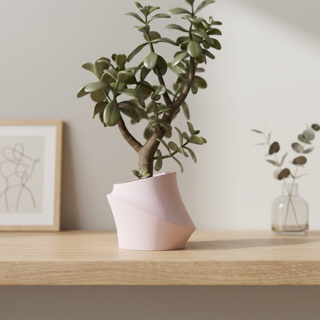 Elegant Sloped Planter pink with succulent on dark background moody editorial