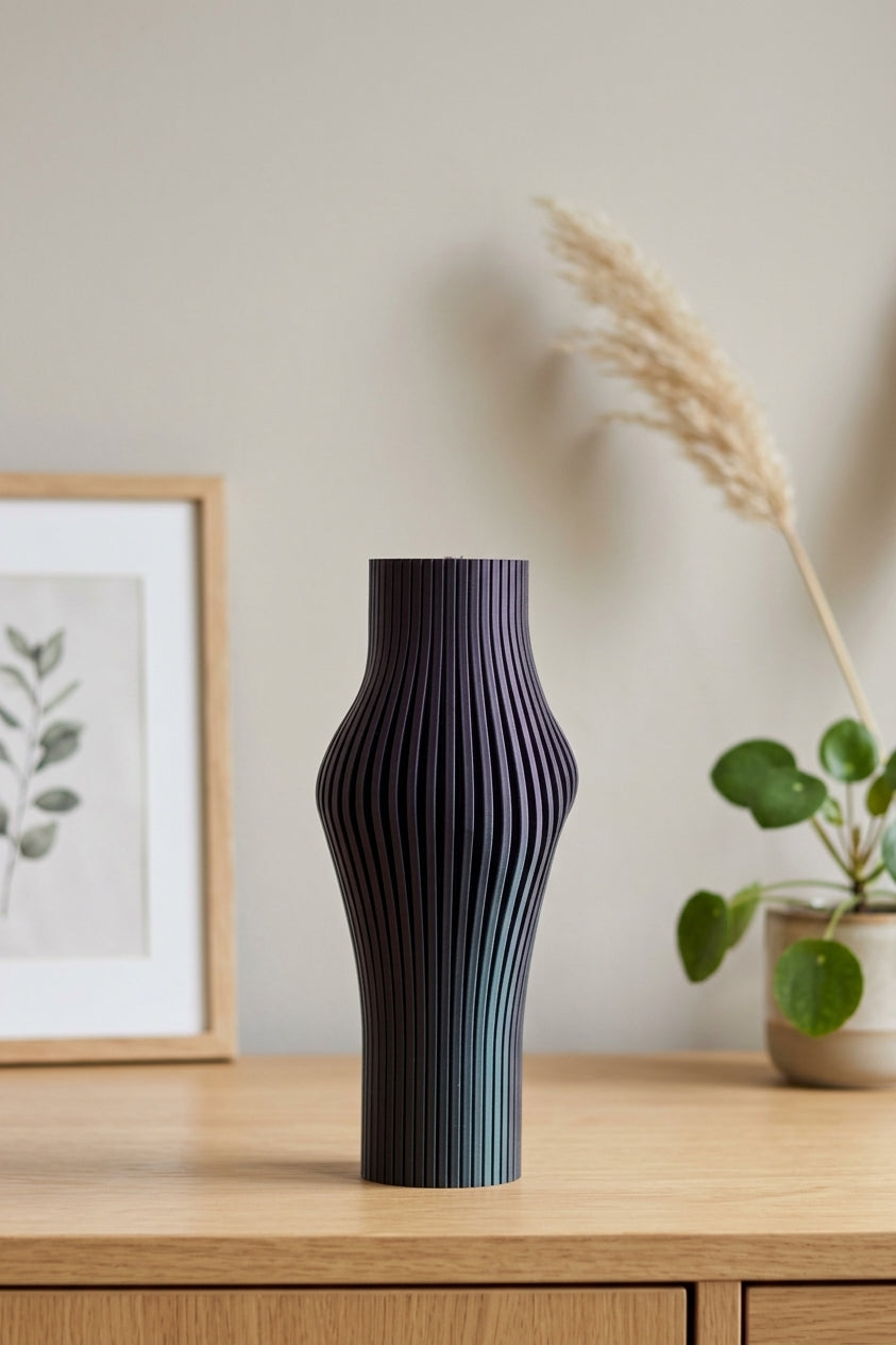 Elegant Sculpted Ribbed Vase black with pastel geometric shapes neutral studio product shot