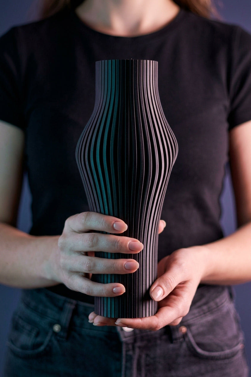 Elegant Sculpted Ribbed Vase black dark dramatic background with monstera leaves gold vase editorial