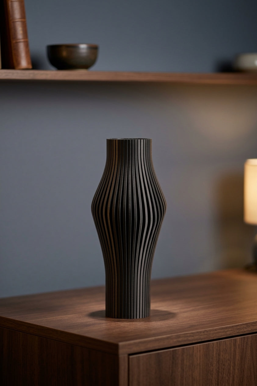 Elegant Sculpted Ribbed Vase black side view showing ribbed vertical texture detail