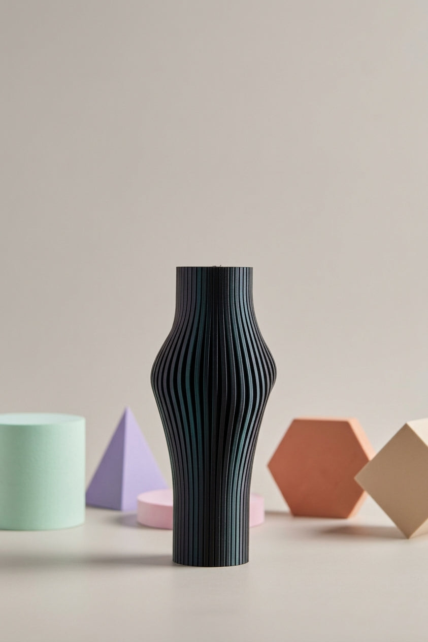 Elegant Sculpted Ribbed Vase black three quarter view showing sculpted form and silhouette
