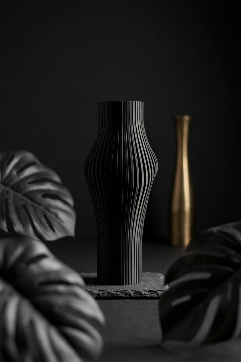 Elegant Sculpted Ribbed Vase black top down view showing circular opening and ribbed collar