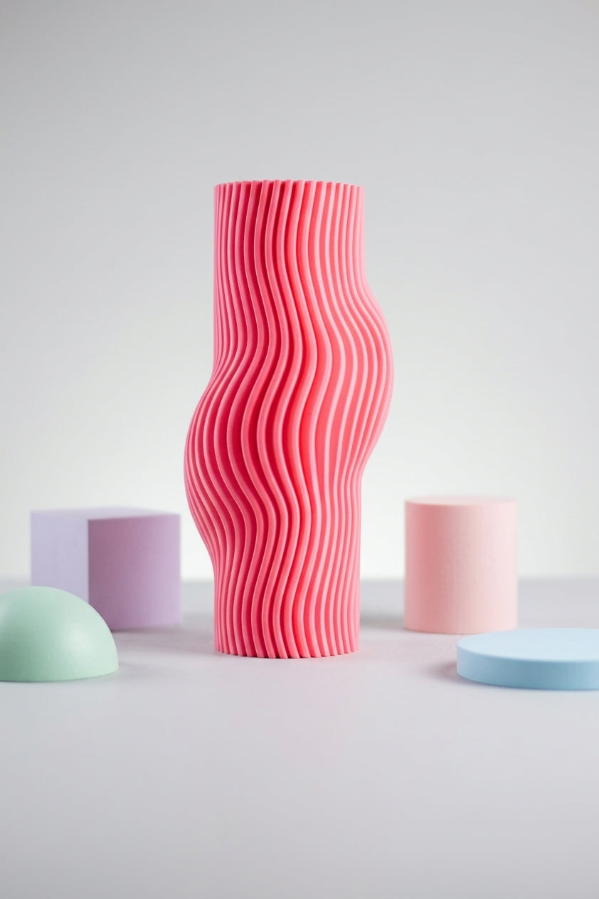 Elegant Ribbed Flow Vase pink laid on crinkled kraft paper with eucalyptus warm editorial lifestyle