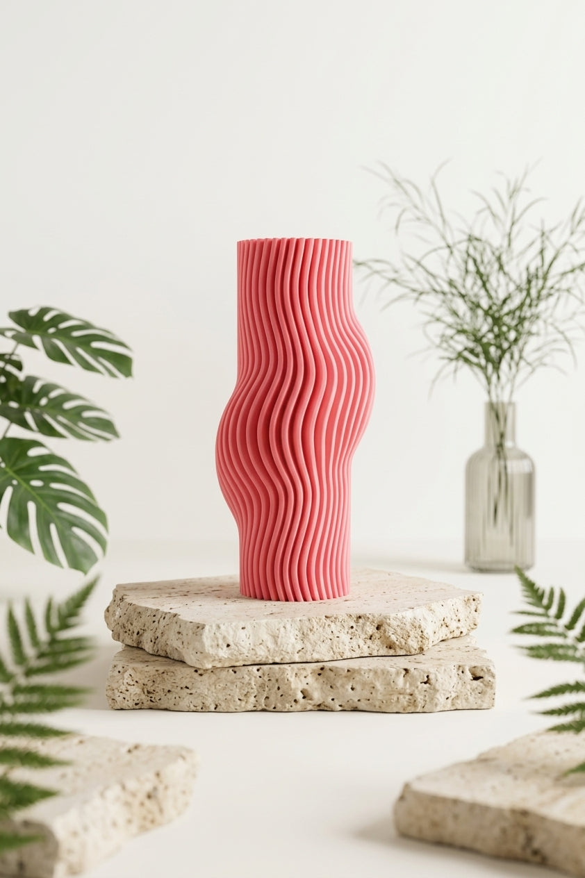 Elegant Ribbed Flow Vase pink on black slate plinth with monstera leaves gold vase dark dramatic editorial