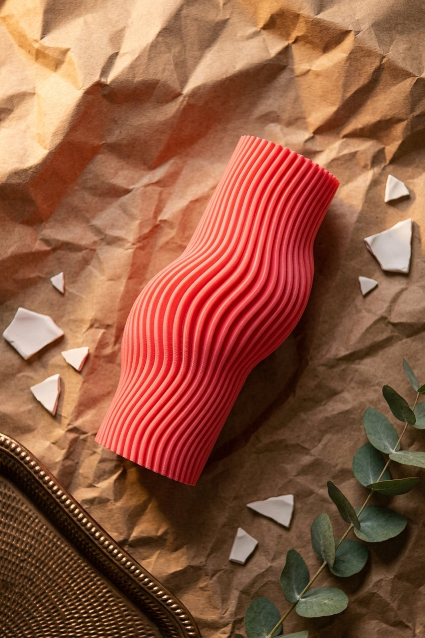 Elegant Ribbed Flow Vase pink on terracotta brick with olive branches warm sun shadow lifestyle